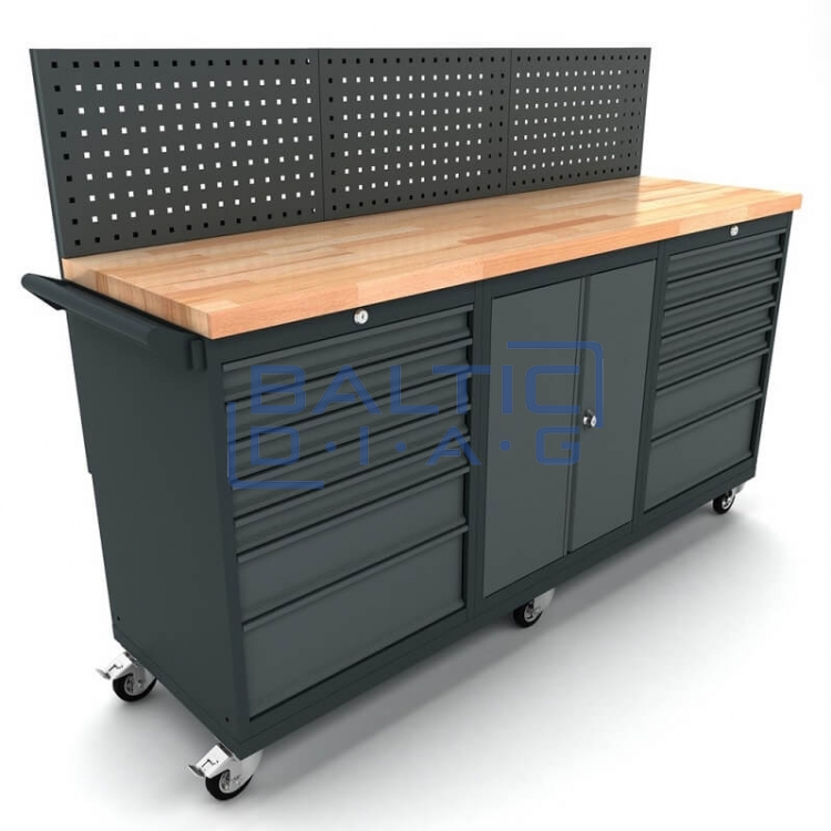 Mobile Workbench with 2-Door and 2x 7-Drawer Cabinets, Including Tool Wall