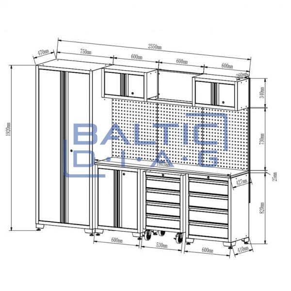 Professional workbench set with mobile cabinet for workshops, garages, and auto services, 13 pcs.