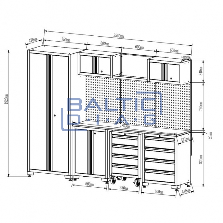 Professional workbench set with mobile cabinet for workshops, garages, and auto services, 13 pcs.