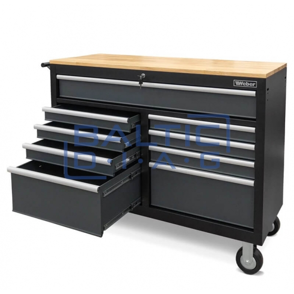 Mobile workshop trolley with 9 drawers and wooden worktop Weber