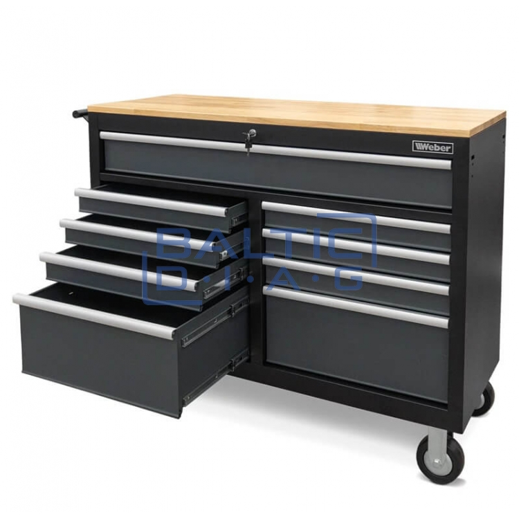 Mobile workshop trolley with 9 drawers and wooden worktop Weber