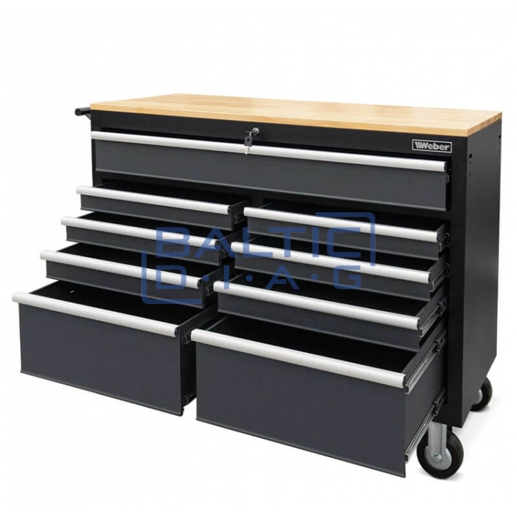 Mobile workshop trolley with 9 drawers and wooden worktop Weber