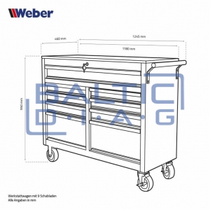 Mobile workshop trolley with 9 drawers and wooden worktop Weber