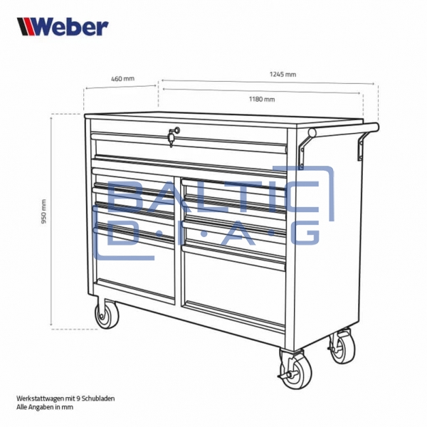 Mobile workshop trolley with 9 drawers and wooden worktop Weber