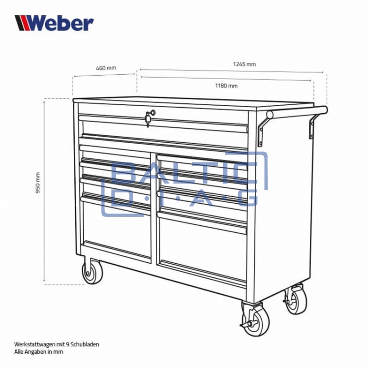 Mobile workshop trolley with 9 drawers and wooden worktop Weber