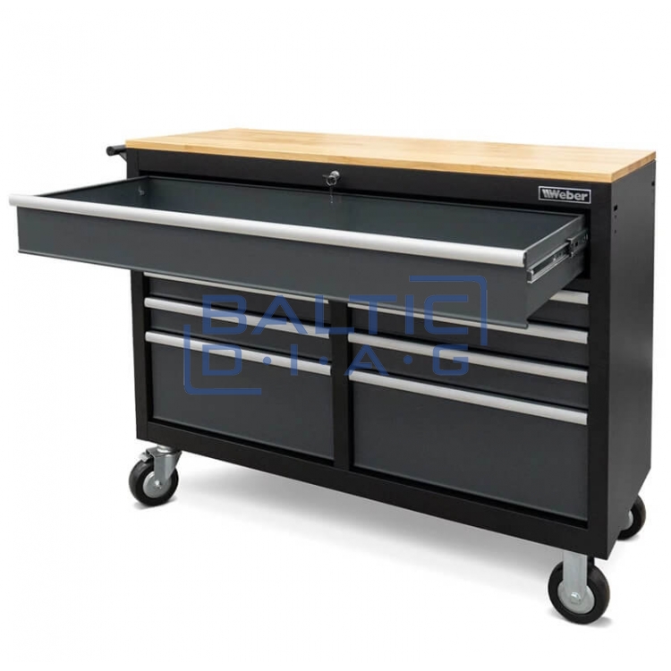 Mobile workshop trolley with 9 drawers and wooden worktop Weber