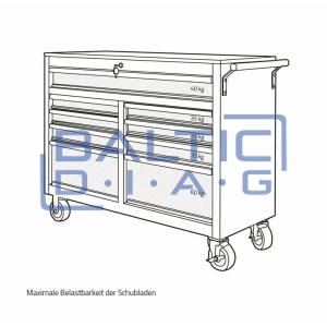 Mobile workshop trolley with 9 drawers and wooden worktop Weber