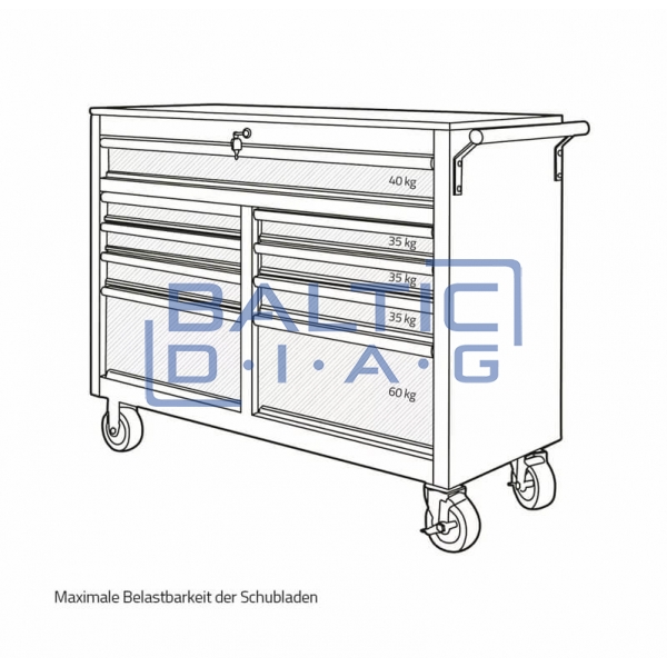 Mobile workshop trolley with 9 drawers and wooden worktop Weber