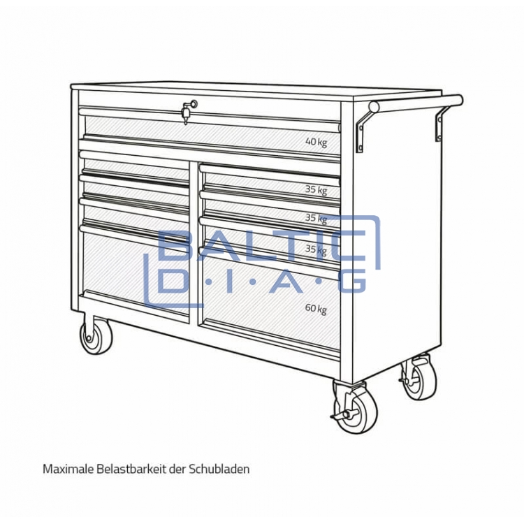 Mobile workshop trolley with 9 drawers and wooden worktop Weber