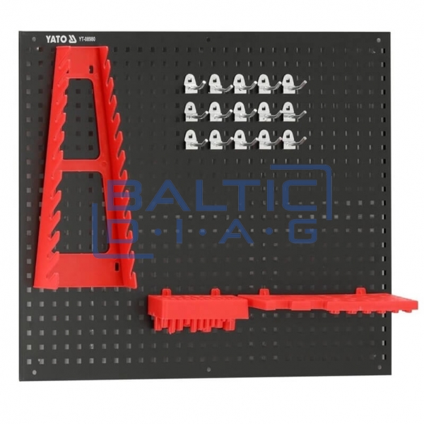 Wall-mounted metal tool rack with holders and storage bins, 34-piece set