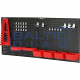 Wall-mounted metal tool rack with holders and storage bins, 34-piece set