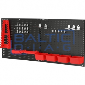 Wall-mounted metal tool rack with holders and storage bins, 34-piece set