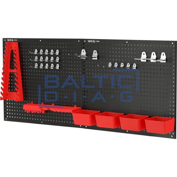 Wall-mounted metal tool rack with holders and storage bins, 34-piece set