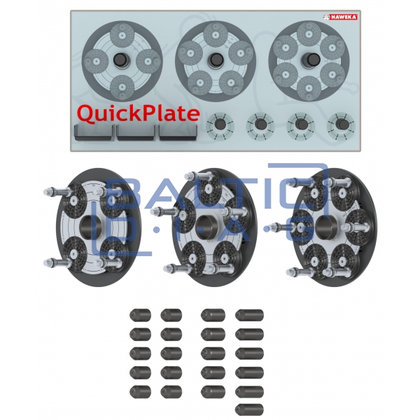Set of 3 adjustable clamping plates for wheel centering QuickPlate with hanging stand (for 4-, 5-, and 6-hole Rims)