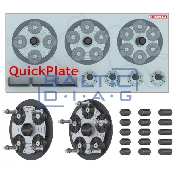Set of 2 adjustable clamping plates for wheel centering QuickPlate with hanging stand (for 4- and 5-hole Rims)