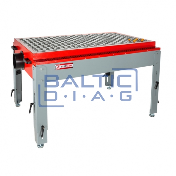 Height-adjustable metal sanding table (760–1030 mm) with extraction port