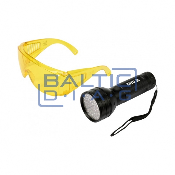 UV flashlight with protective glasses for air conditioning system leak detection