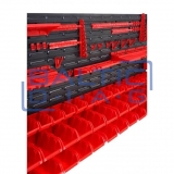 Wall-mounted tool rack with boxes and holders, 74 pcs