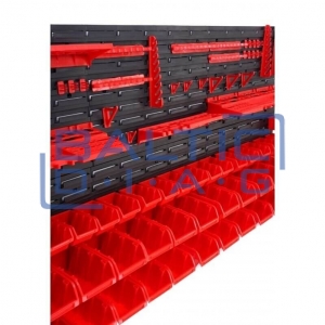 Wall-mounted tool rack with boxes and holders, 74 pcs