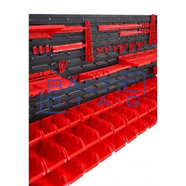 Wall-mounted tool rack with boxes and holders, 74 pcs