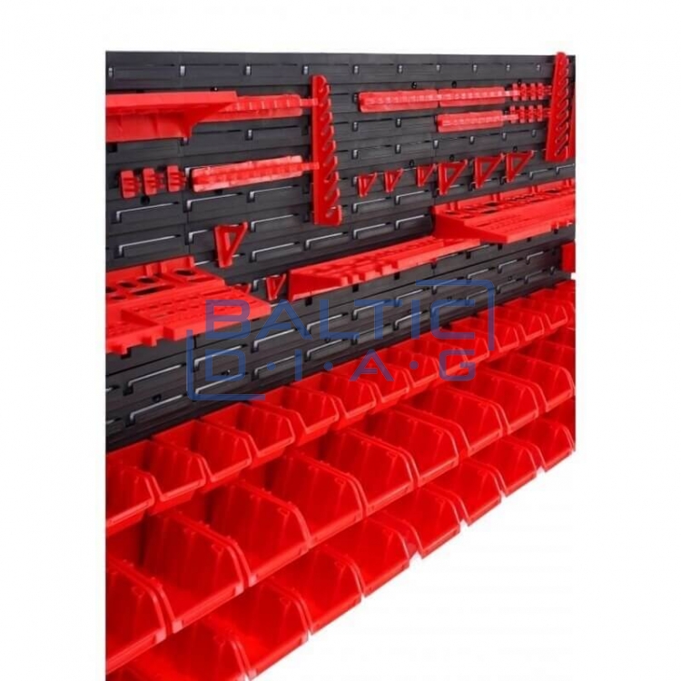 Wall-mounted tool rack with boxes and holders, 74 pcs