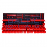Wall-mounted tool rack with boxes and holders, 74 pcs