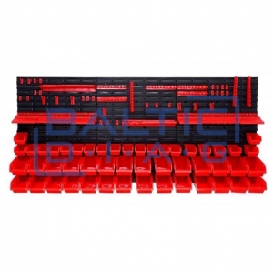 Wall-mounted tool rack with boxes and holders, 74 pcs