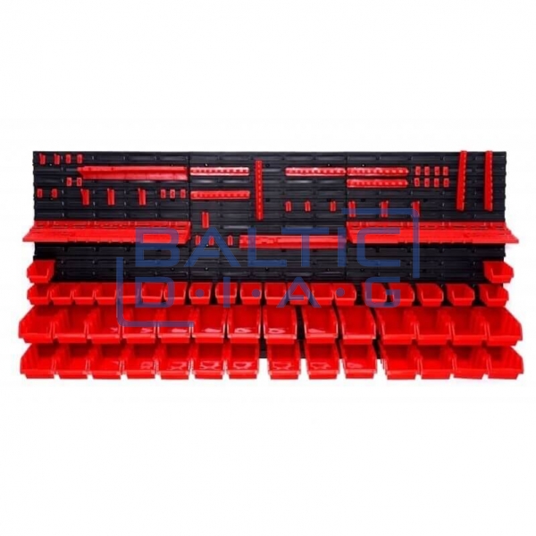 Wall-mounted tool rack with boxes and holders, 74 pcs