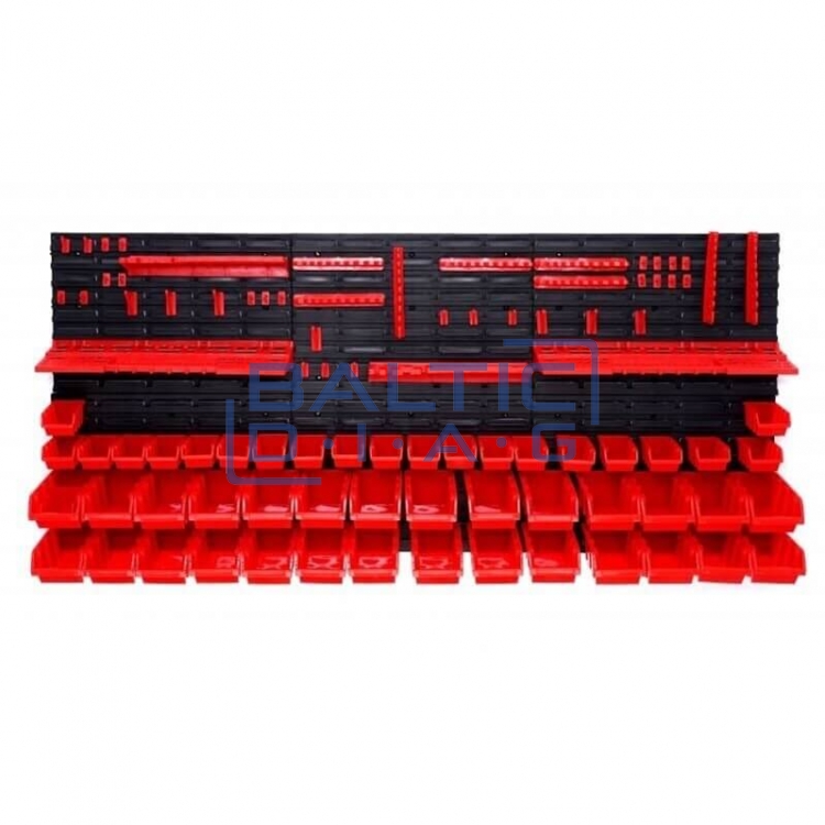 Wall-mounted tool rack with boxes and holders, 74 pcs