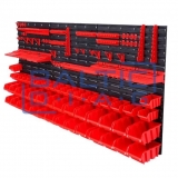 Wall-mounted tool rack with boxes and holders, 74 pcs