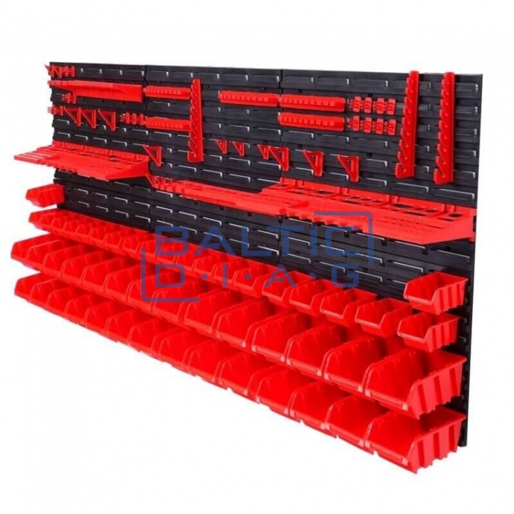Wall-mounted tool rack with boxes and holders, 74 pcs