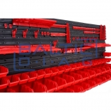 Wall-mounted tool rack with boxes and holders, 74 pcs