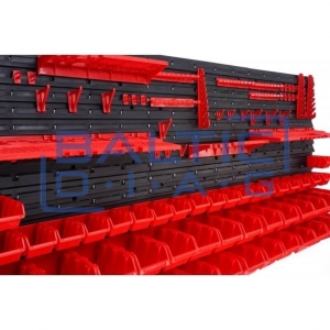 Wall-mounted tool rack with boxes and holders, 74 pcs