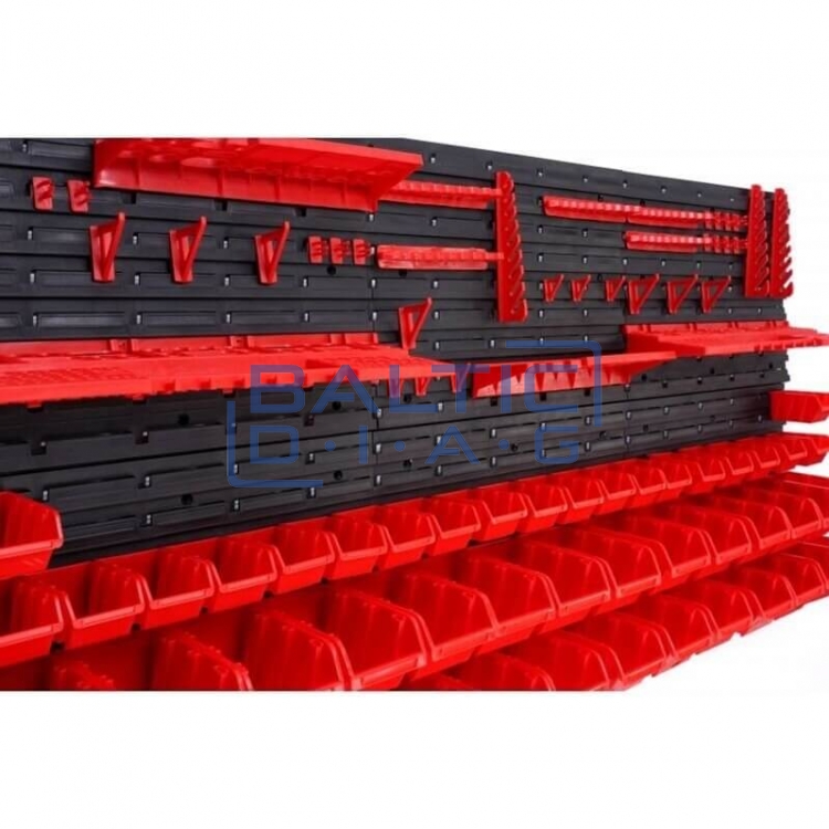Wall-mounted tool rack with boxes and holders, 74 pcs