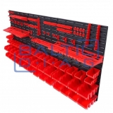 Wall-mounted tool rack with boxes and holders, 74 pcs