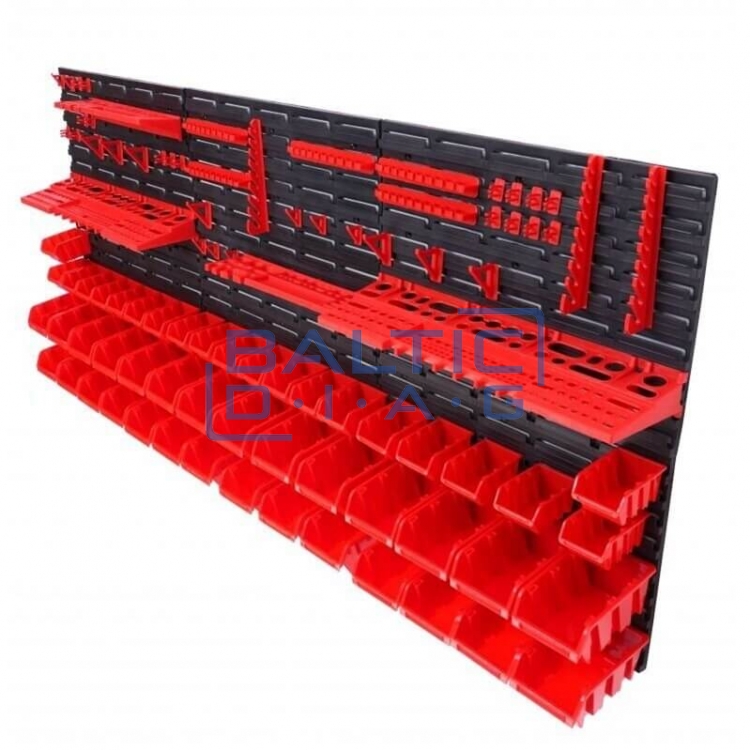 Wall-mounted tool rack with boxes and holders, 74 pcs