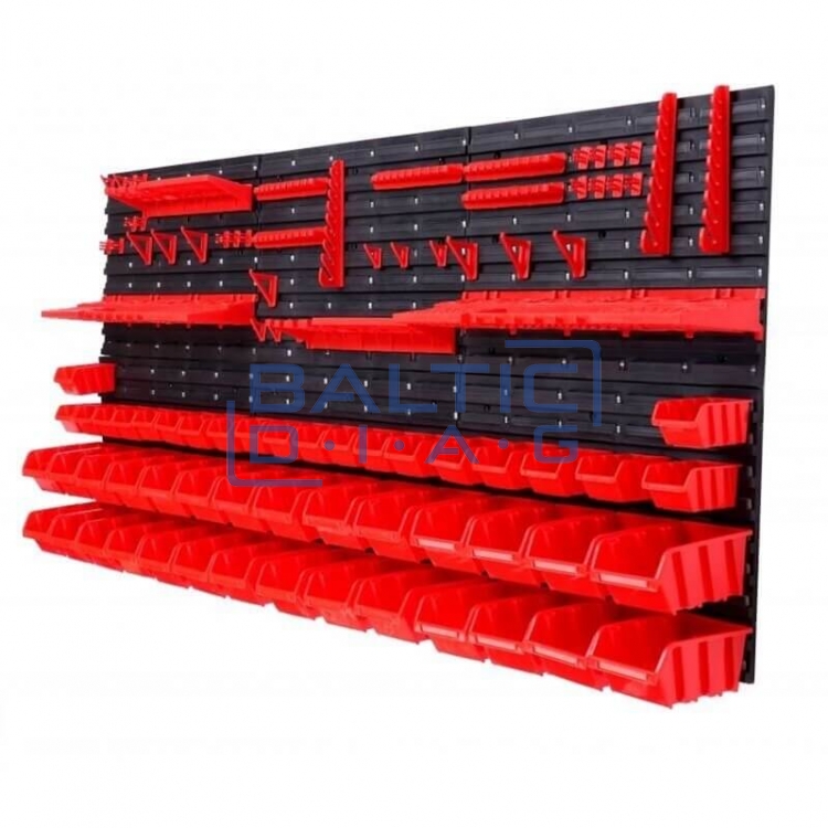 Wall-mounted tool rack with boxes and holders, 74 pcs