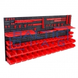 Wall-mounted tool rack with boxes and holders, 74 pcs