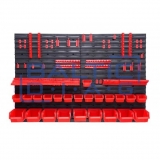 Wall-mounted tool rack with boxes and holders, 43 pcs