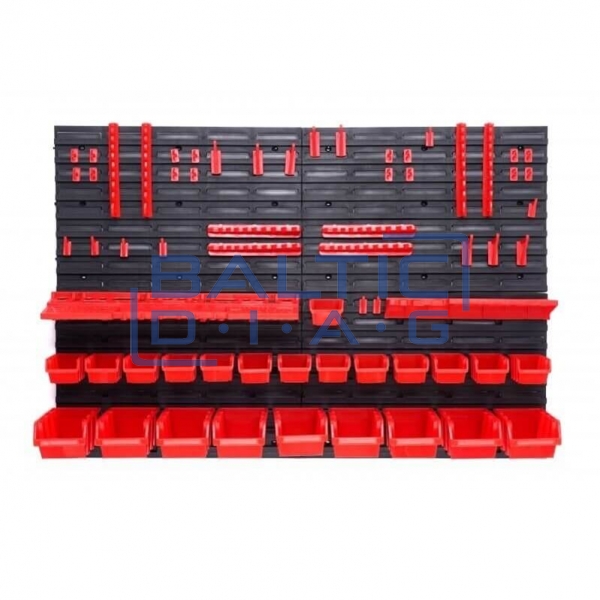 Wall-mounted tool rack with boxes and holders, 43 pcs