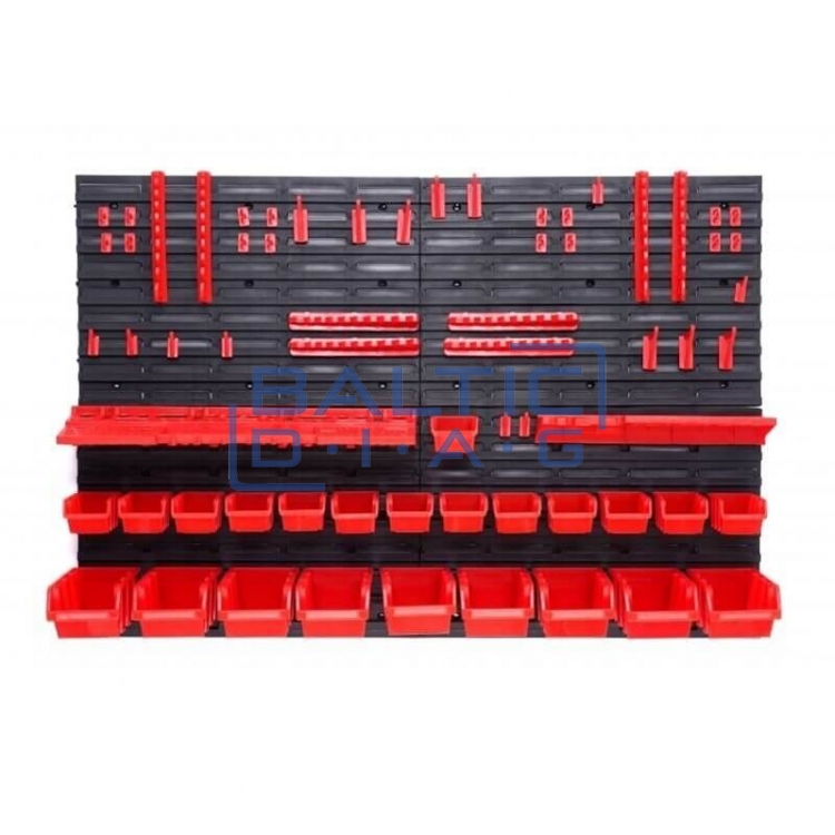 Wall-mounted tool rack with boxes and holders, 43 pcs