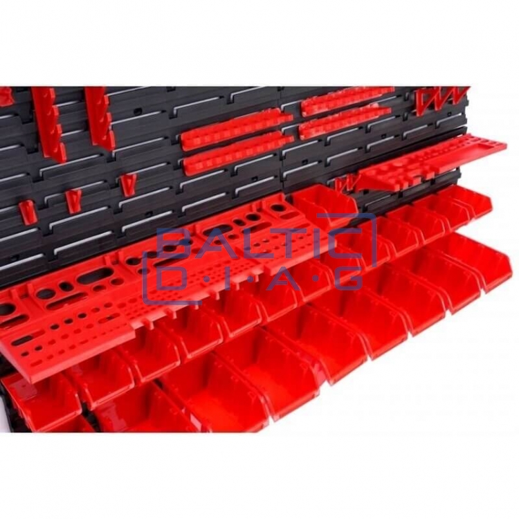 Wall-mounted tool rack with boxes and holders, 43 pcs