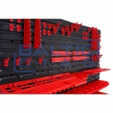 Wall-mounted tool rack with boxes and holders, 43 pcs