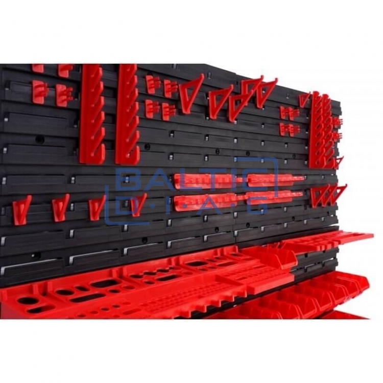 Wall-mounted tool rack with boxes and holders, 43 pcs