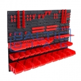 Wall-mounted tool rack with boxes and holders, 43 pcs