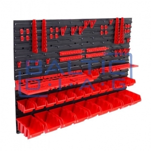 Wall-mounted tool rack with boxes and holders, 43 pcs