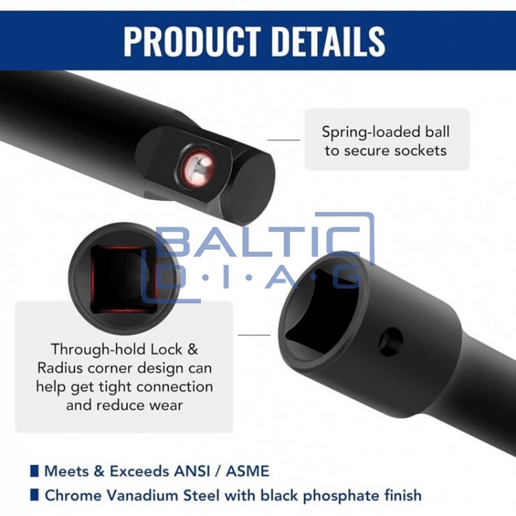Impact extension bar and adapter set 1/4"+3/8"+1/2" 18 pcs
