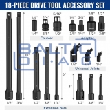 Smūginių prailgintojų ir adapterių rinkinys 1/4"+3/8"+1/2" 18 vnt.