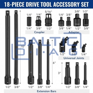 Smūginių prailgintojų ir adapterių rinkinys 1/4"+3/8"+1/2" 18 vnt.