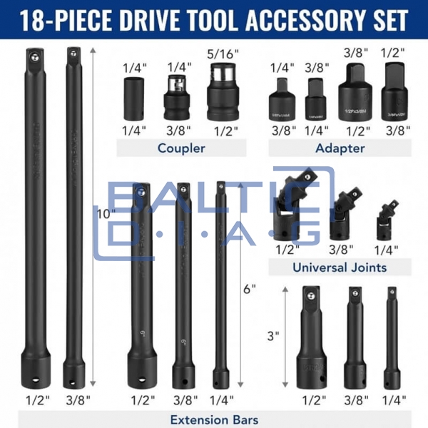 Smūginių prailgintojų ir adapterių rinkinys 1/4"+3/8"+1/2" 18 vnt.